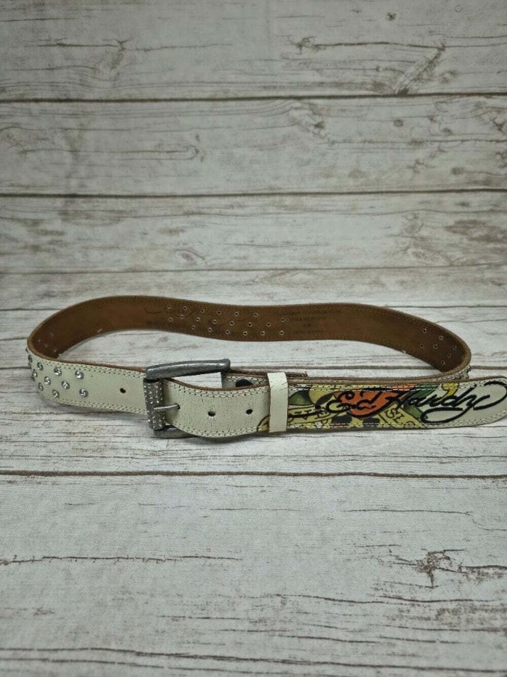 Ed Hardy Y2K Rhinestone White Belt Size Large